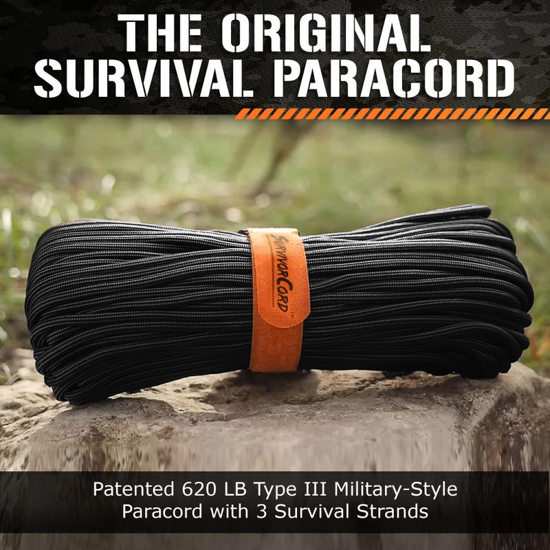 SurvivorCord حبل بارا كورد 550 من TITAN ببراءة اختراع - 25 قدم، 100 قدم، 500 قدم وخيارات الألوان - حبل بارا كورد بقوة 620 رطل بمواصفات عسكرية مع 3 خيوط - حبل ثقيل للاستخدام في التخييم والأنشطة الخارجية مع جهاز إشعال النار - Image 2